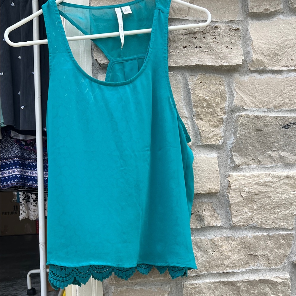 LC Lauren Conrad Turquoise Tank Top with Lace Hem